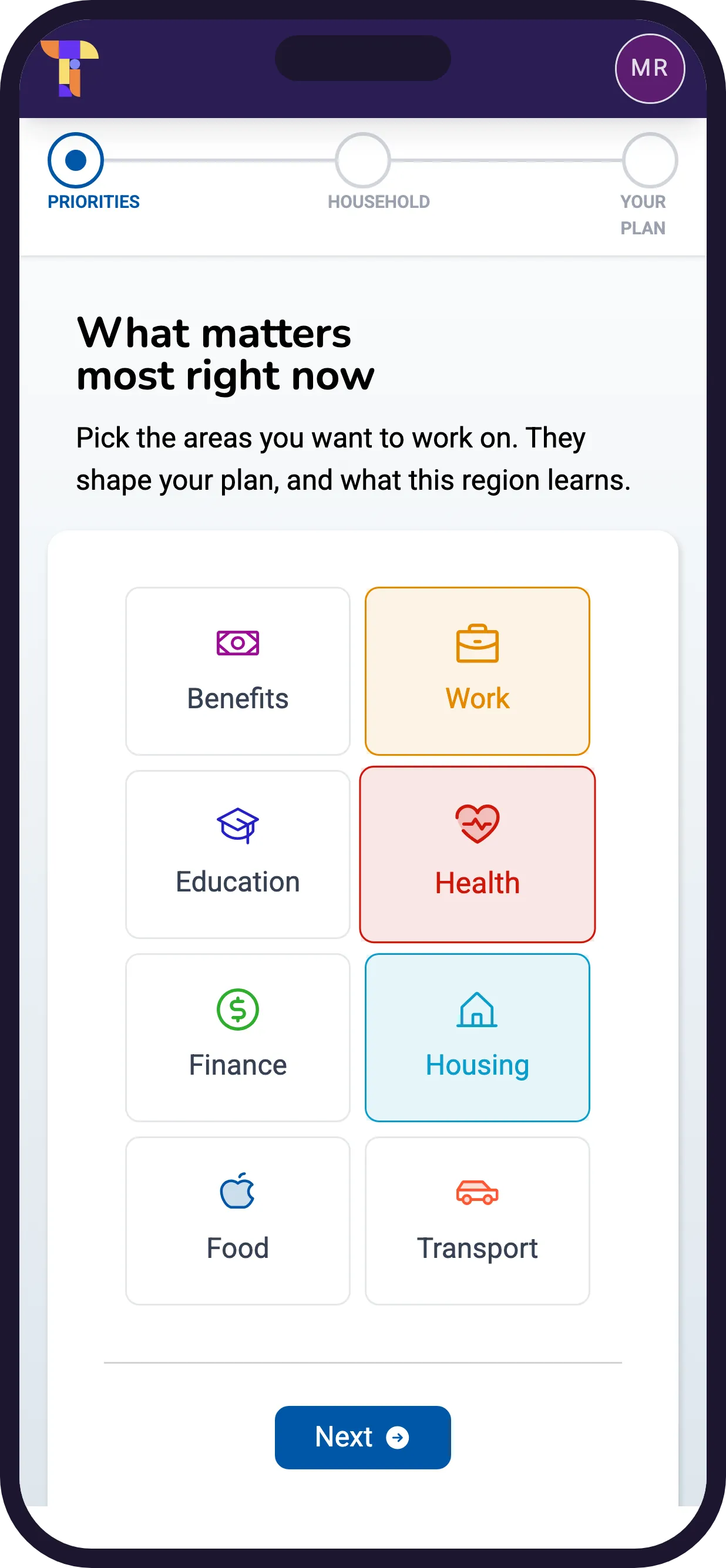 The first step of the assessment on a phone: what matters most right now, with Work, Health and Housing picked.