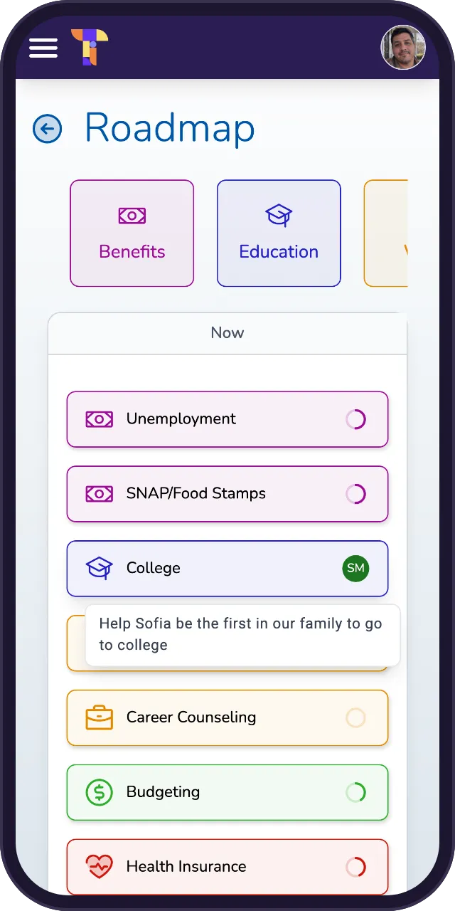 Bill's roadmap on his phone: the goals he is working on now, from unemployment and food assistance to a college goal for his daughter Sofia, with his own words for it: help Sofia be the first in our family to go to college.