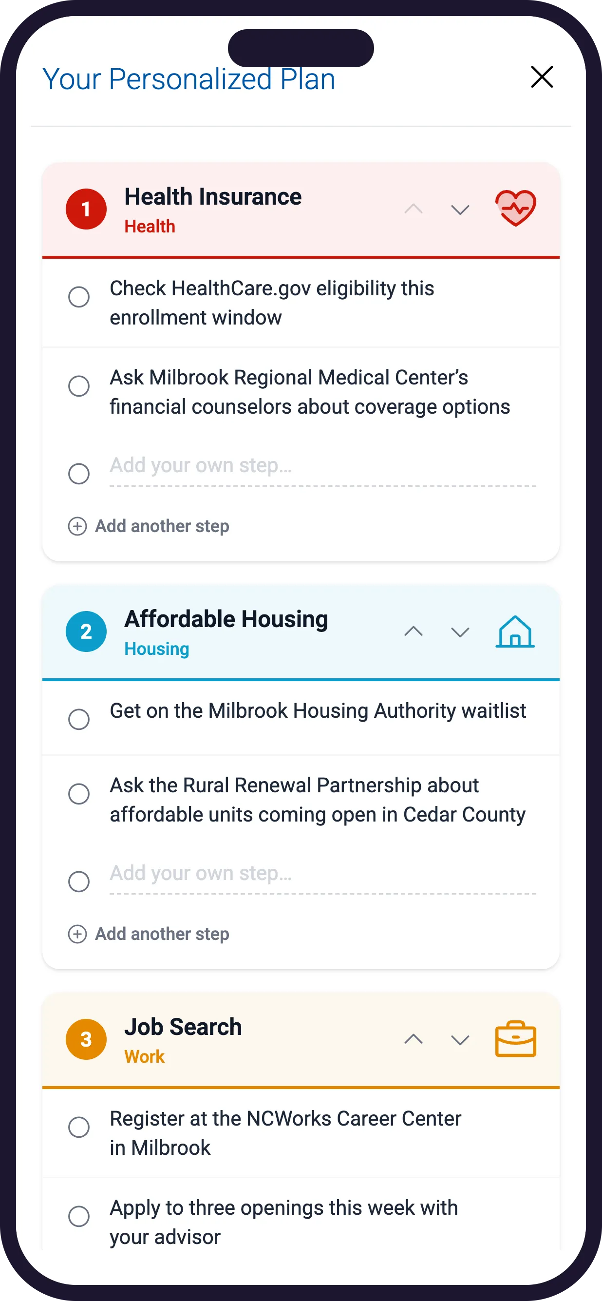 The plan a resident gets back: Health Insurance, Affordable Housing and Job Search, each with first steps.