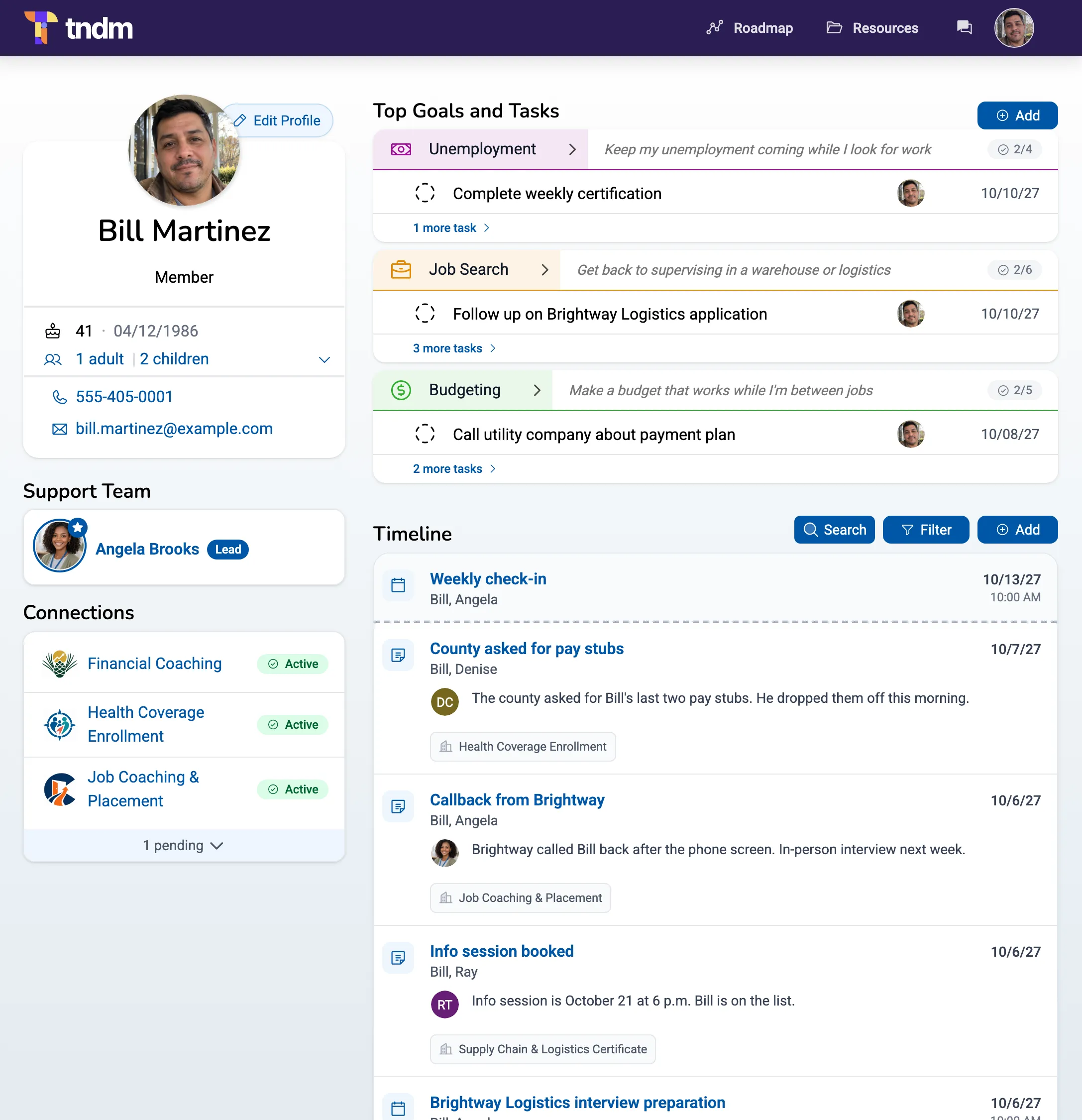 Bill Martinez's profile in tndm: his goals in his own words, his coordinator, his connections with local providers and their latest updates.