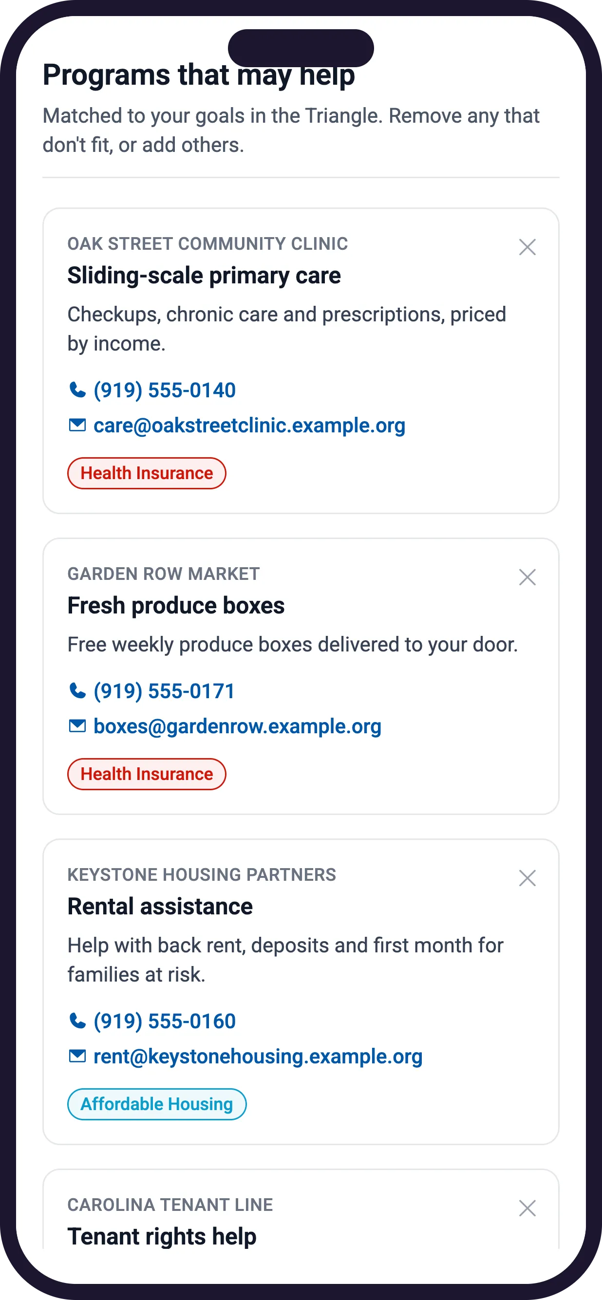 Programs that may help: three local programs matched to their goals, each with a phone number and email.